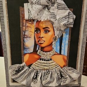Elegant Beaded Portrait Art with Black and White Accents